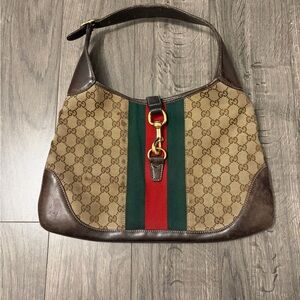 Gucci Brown GG Canvas Shoulder Bag with Red and Green Center Stripe